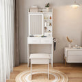 Petite coiffeuse avec miroir et lumières LED, prise de courant intégrée et rangement caché, comprend un tabouret rembourré et une étagère
