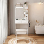 Petite coiffeuse avec miroir et lumières LED, prise de courant intégrée et rangement caché, comprend un tabouret rembourré et une étagère