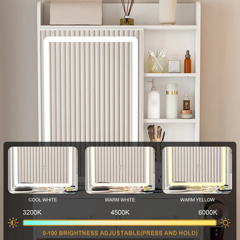 Petite coiffeuse avec miroir et lumières LED, prise de courant intégrée et rangement caché, comprend un tabouret rembourré et une étagère
