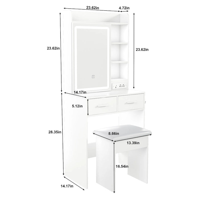 Petite coiffeuse avec miroir et lumières LED, prise de courant intégrée et rangement caché, comprend un tabouret rembourré et une étagère