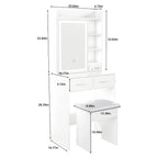 Petite coiffeuse avec miroir et lumières LED, prise de courant intégrée et rangement caché, comprend un tabouret rembourré et une étagère