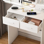 Petite coiffeuse avec miroir et lumières LED, prise de courant intégrée et rangement caché, comprend un tabouret rembourré et une étagère