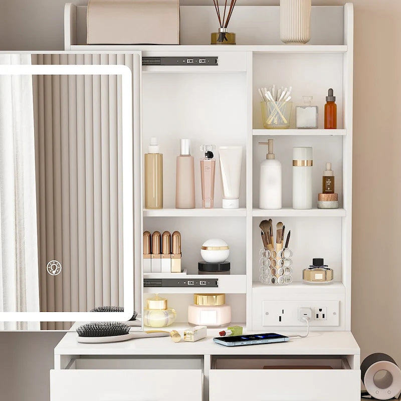 Petite coiffeuse avec miroir et lumières LED, prise de courant intégrée et rangement caché, comprend un tabouret rembourré et une étagère