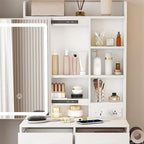Petite coiffeuse avec miroir et lumières LED, prise de courant intégrée et rangement caché, comprend un tabouret rembourré et une étagère