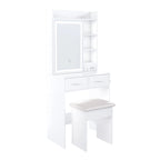 Petite coiffeuse avec miroir et lumières LED, prise de courant intégrée et rangement caché, comprend un tabouret rembourré et une étagère