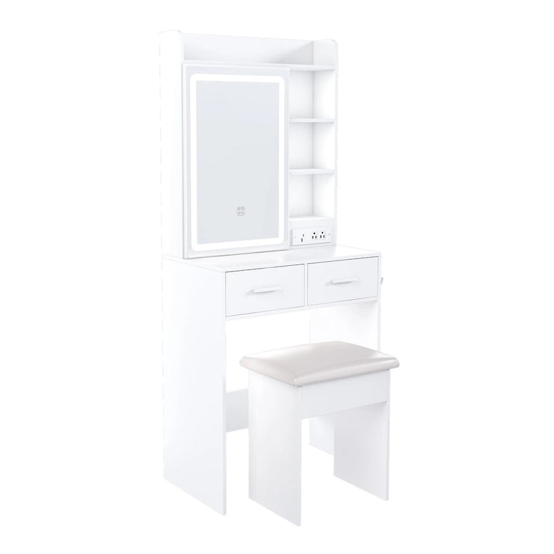 Petite coiffeuse avec miroir et lumières LED, prise de courant intégrée et rangement caché, comprend un tabouret rembourré et une étagère