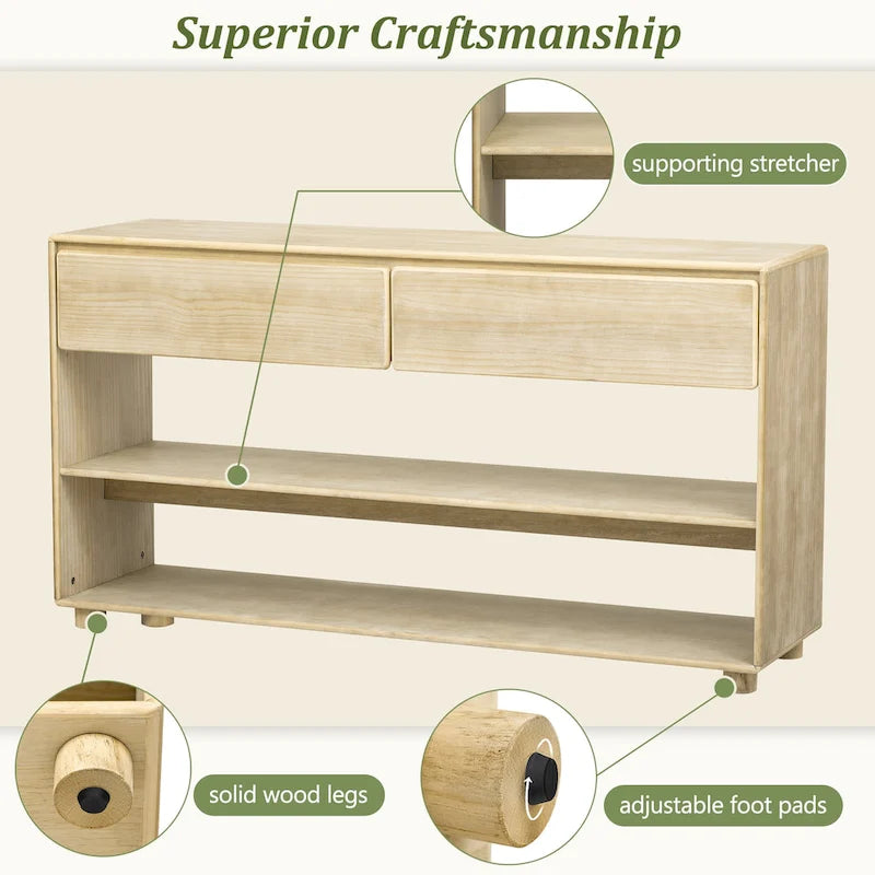 Table console 48" en bois massif avec 2 tiroirs et 2 étagères, pieds en bois massif et pieds réglables