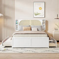 Lit plateforme blanc Queen Size avec tête de lit en rotin, deux tiroirs et lit gigogne