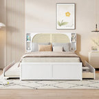 Lit plateforme blanc Queen Size avec tête de lit en rotin, deux tiroirs et lit gigogne