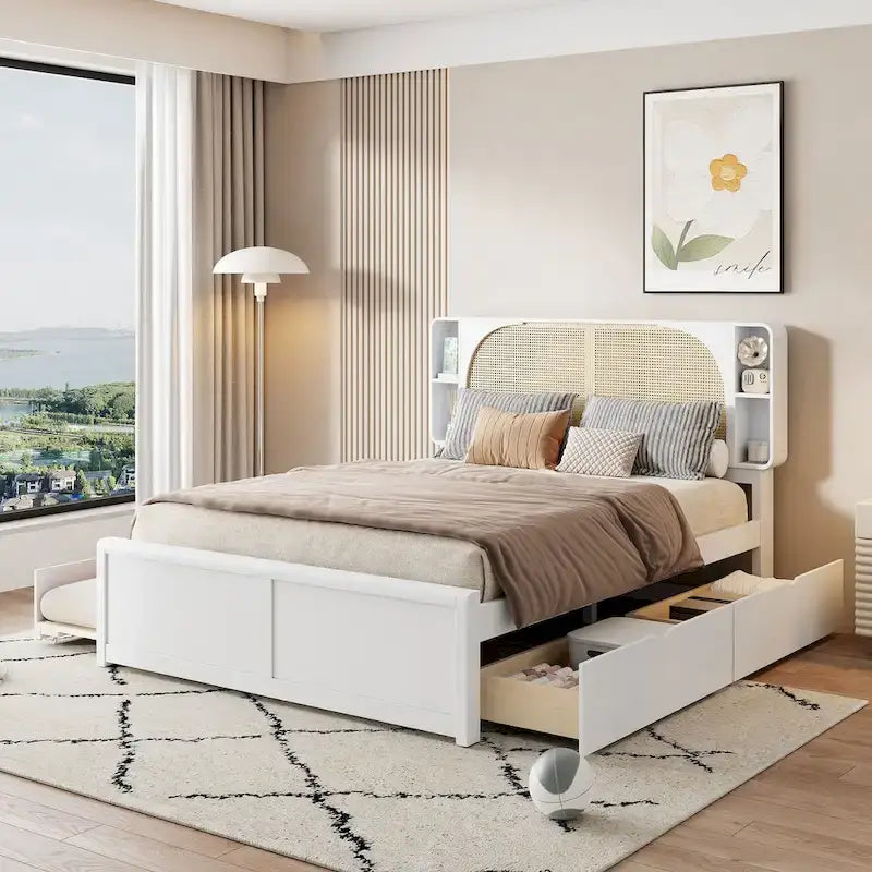 Lit plateforme blanc Queen Size avec tête de lit en rotin, deux tiroirs et lit gigogne