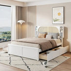 Lit plateforme blanc Queen Size avec tête de lit en rotin, deux tiroirs et lit gigogne