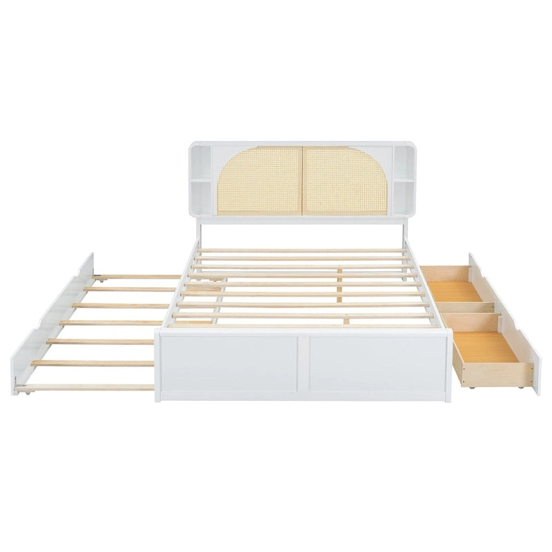 Lit plateforme blanc Queen Size avec tête de lit en rotin, deux tiroirs et lit gigogne