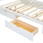 Lit plateforme blanc Queen Size avec tête de lit en rotin, deux tiroirs et lit gigogne