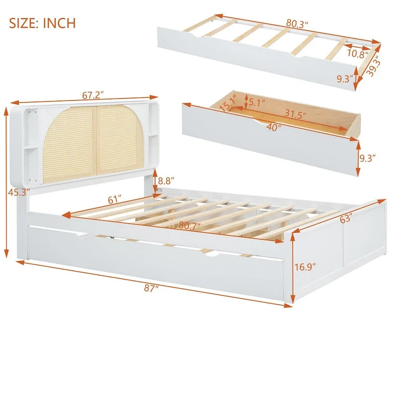 Lit plateforme blanc Queen Size avec tête de lit en rotin, deux tiroirs et lit gigogne