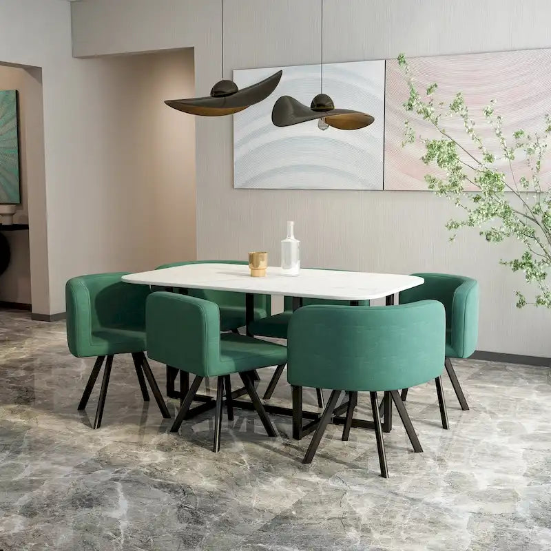 Salle à manger moderne avec table rectangulaire en marbre et 6 chaises rembourrées