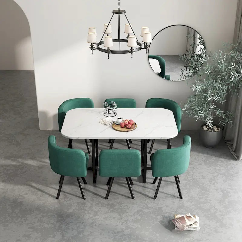 Salle à manger moderne avec table rectangulaire en marbre et 6 chaises rembourrées