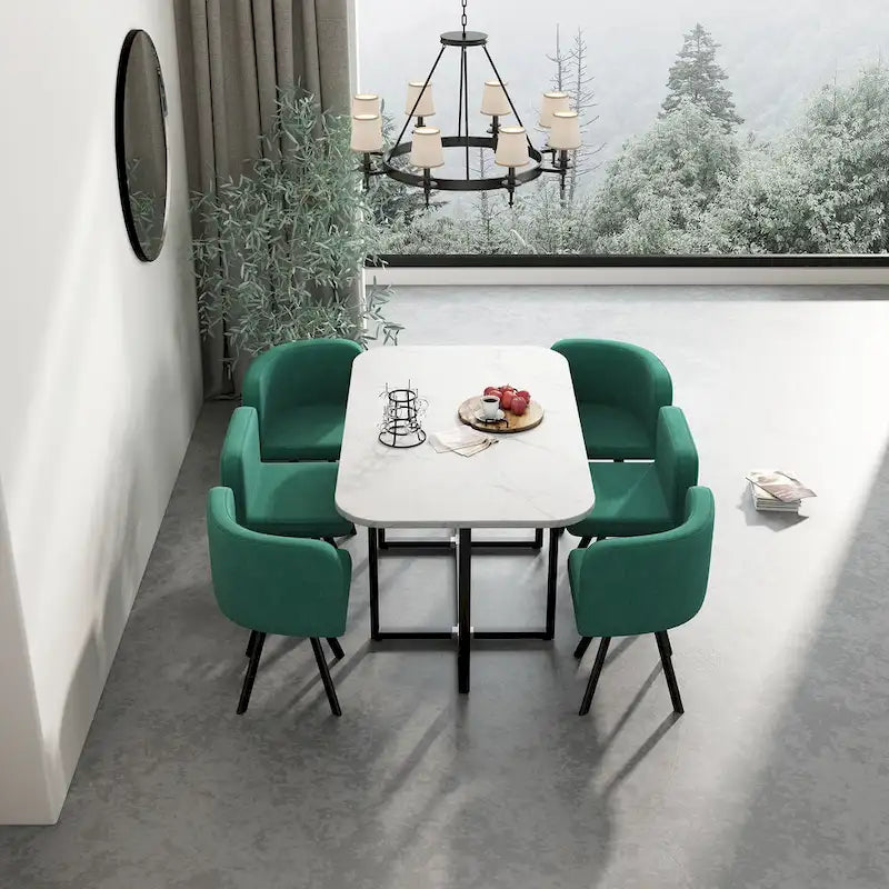 Salle à manger moderne avec table rectangulaire en marbre et 6 chaises rembourrées