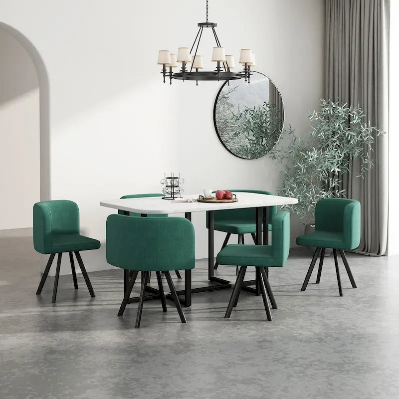 Salle à manger moderne avec table rectangulaire en marbre et 6 chaises rembourrées