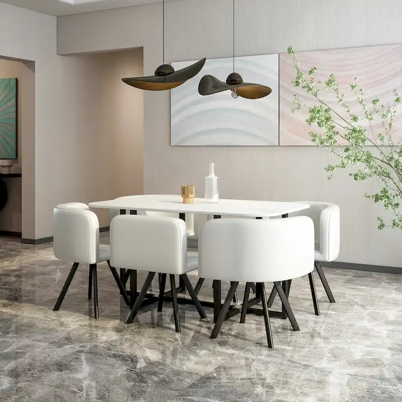 Salle à manger moderne avec table rectangulaire en marbre et 6 chaises rembourrées