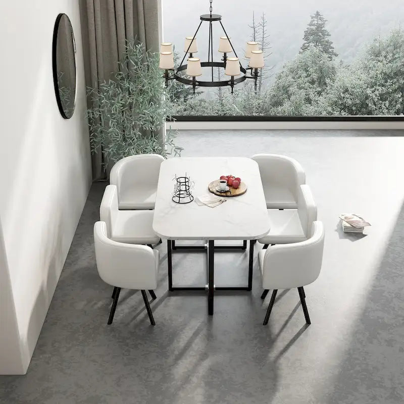 Salle à manger moderne avec table rectangulaire en marbre et 6 chaises rembourrées