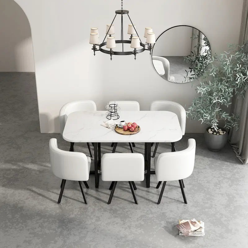 Salle à manger moderne avec table rectangulaire en marbre et 6 chaises rembourrées