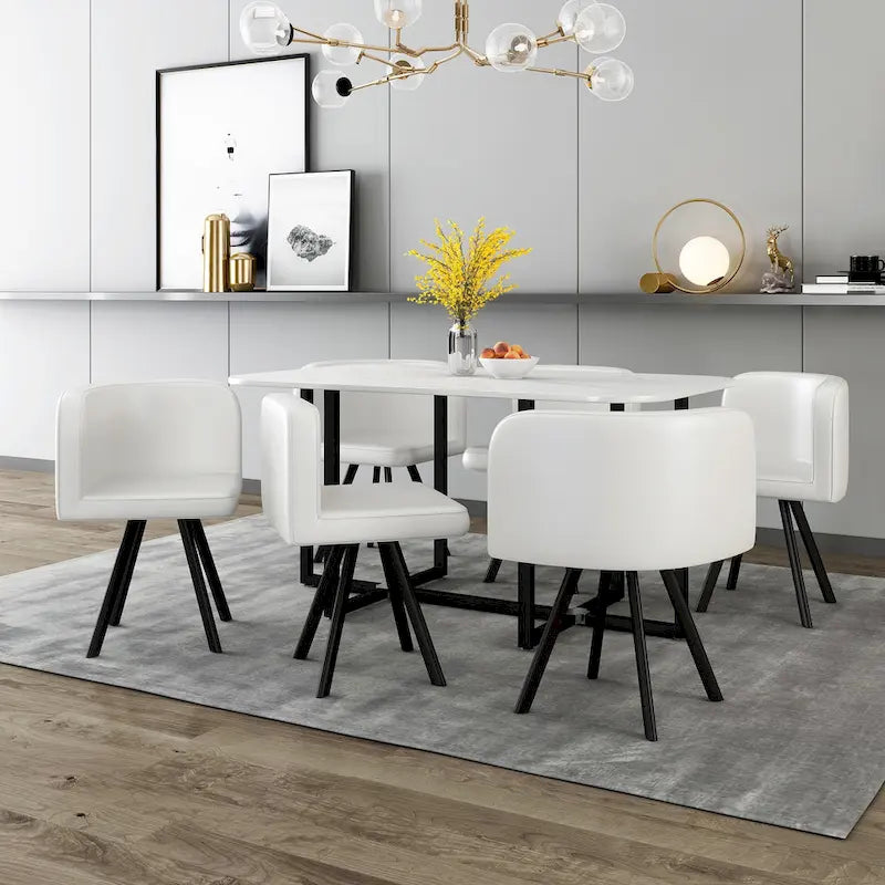 Salle à manger moderne avec table rectangulaire en marbre et 6 chaises rembourrées