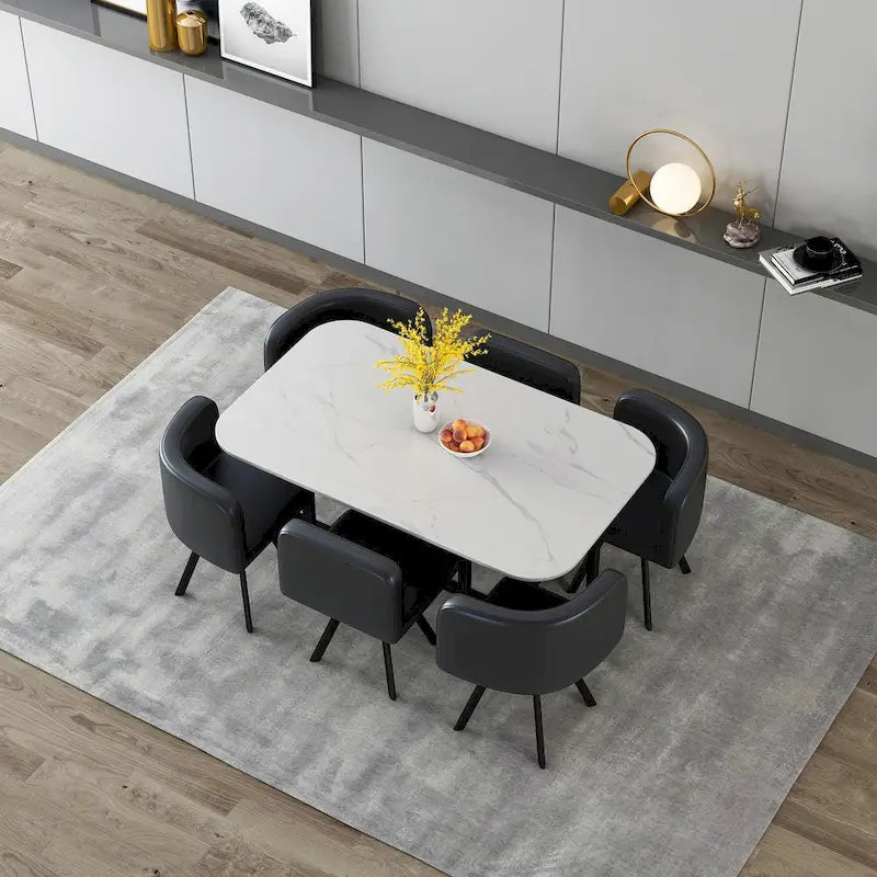 Salle à manger moderne avec table rectangulaire en marbre et 6 chaises rembourrées
