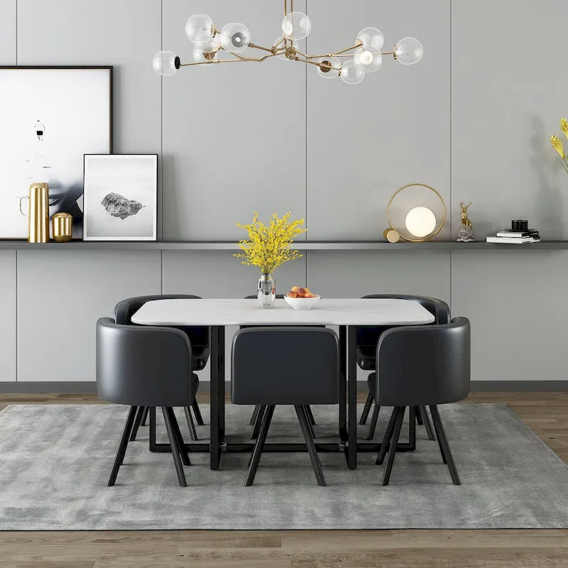 Salle à manger moderne avec table rectangulaire en marbre et 6 chaises rembourrées