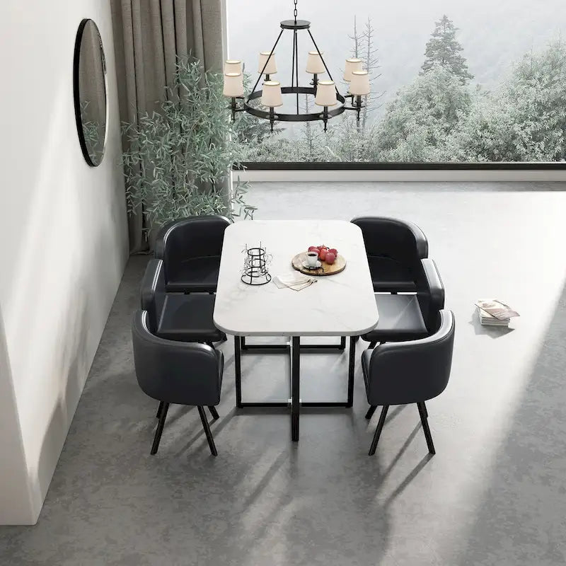 Salle à manger moderne avec table rectangulaire en marbre et 6 chaises rembourrées