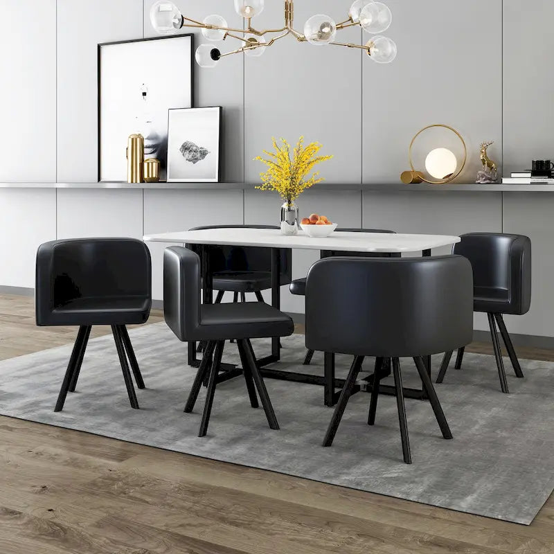 Salle à manger moderne avec table rectangulaire en marbre et 6 chaises rembourrées