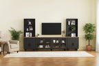 Black + Dark Walnut Farmhouse TV Entertainment Center with Bookshelves & Tempered Glass Doors for TVs Up to 70
