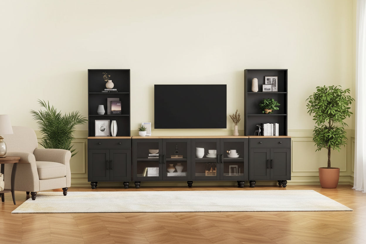 Black + Dark Walnut Farmhouse TV Entertainment Center with Bookshelves & Tempered Glass Doors for TVs Up to 70