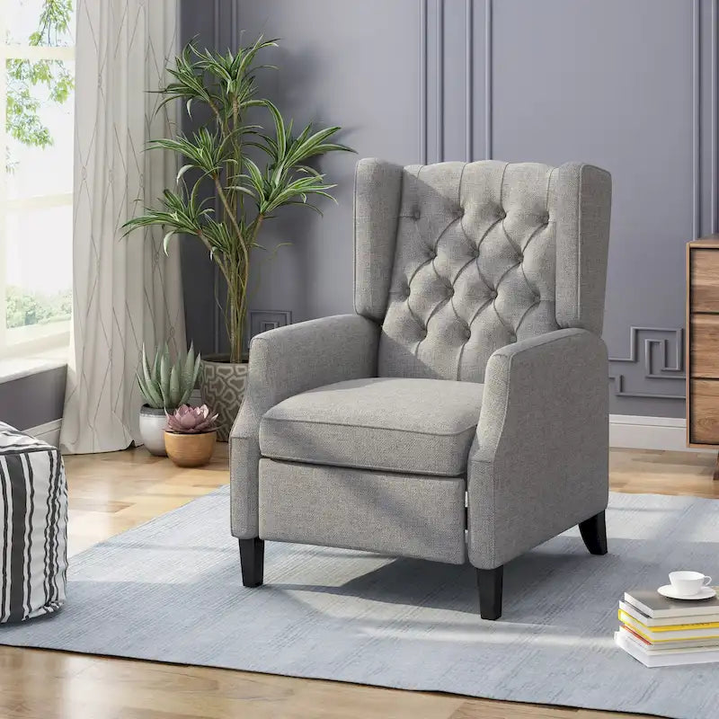 Fauteuil inclinable gris de style Mid-Century en tissu, à dossier haut, avec repose-pieds et dossier capitonné