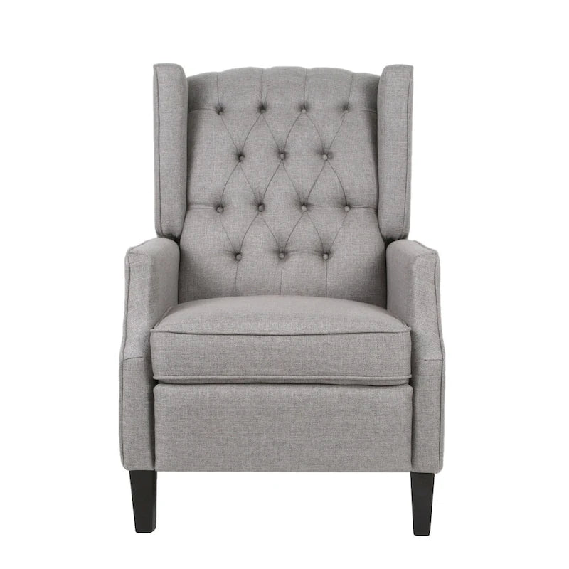 Fauteuil inclinable gris de style Mid-Century en tissu, à dossier haut, avec repose-pieds et dossier capitonné