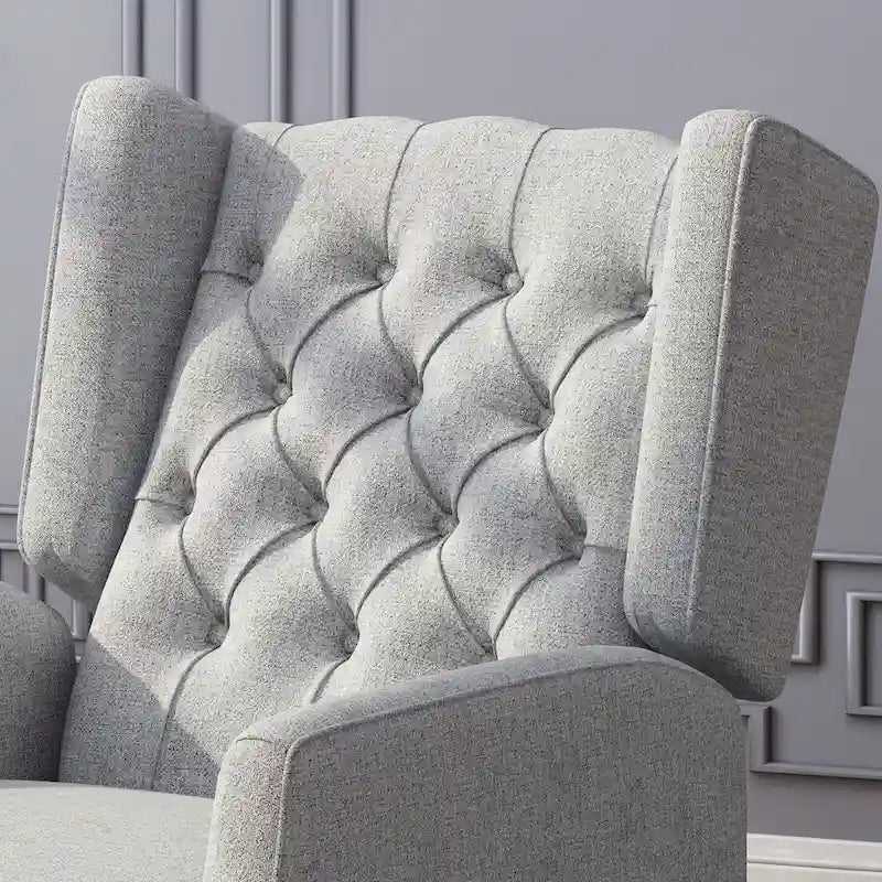 Fauteuil inclinable gris de style Mid-Century en tissu, à dossier haut, avec repose-pieds et dossier capitonné