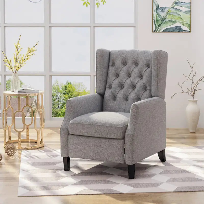 Fauteuil inclinable gris de style Mid-Century en tissu, à dossier haut, avec repose-pieds et dossier capitonné