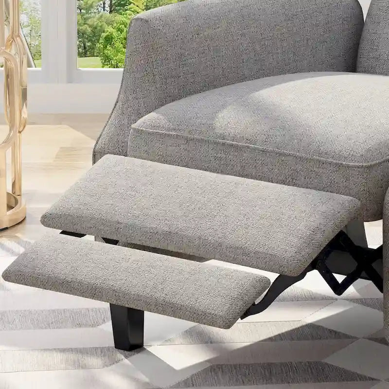 Fauteuil inclinable gris de style Mid-Century en tissu, à dossier haut, avec repose-pieds et dossier capitonné