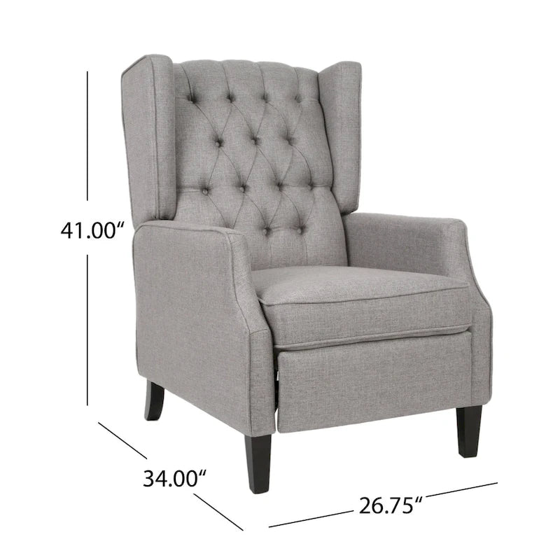 Fauteuil inclinable gris de style Mid-Century en tissu, à dossier haut, avec repose-pieds et dossier capitonné
