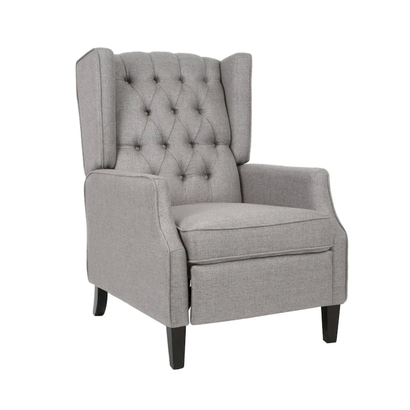 Fauteuil inclinable gris de style Mid-Century en tissu, à dossier haut, avec repose-pieds et dossier capitonné