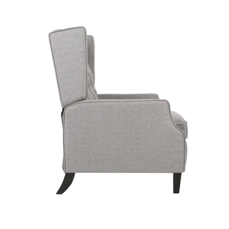 Fauteuil inclinable gris de style Mid-Century en tissu, à dossier haut, avec repose-pieds et dossier capitonné