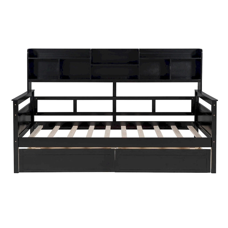 Lit de repos double en bois avec étagères et tiroirs