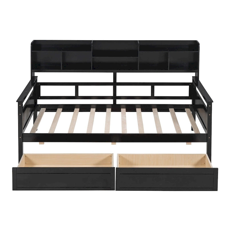 Lit de repos double en bois avec étagères et tiroirs