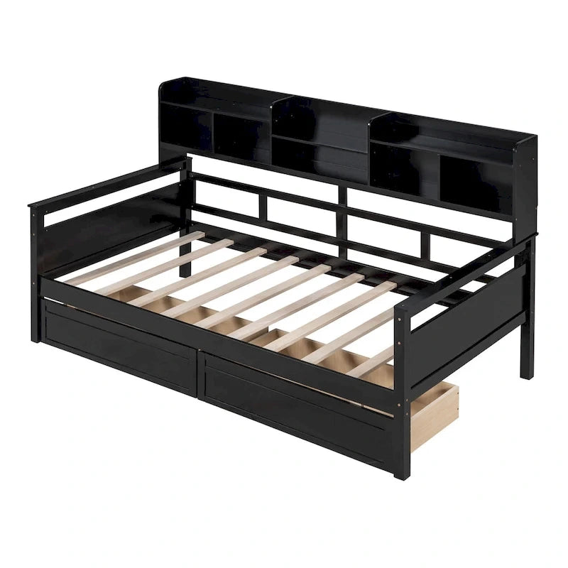 Lit de repos double en bois avec étagères et tiroirs