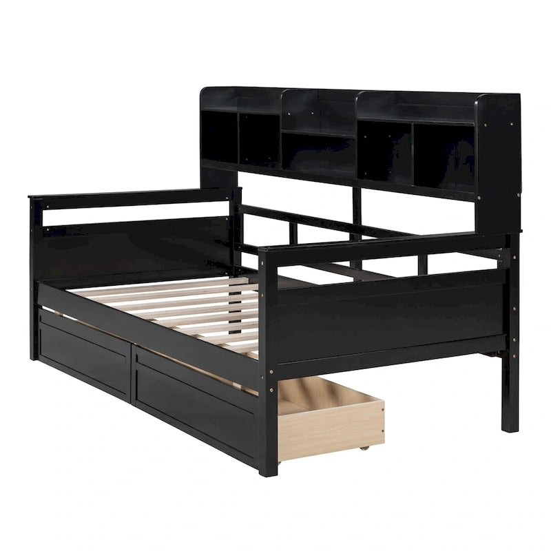 Lit de repos double en bois avec étagères et tiroirs