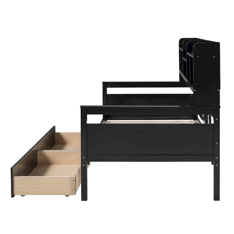 Lit de repos double en bois avec étagères et tiroirs
