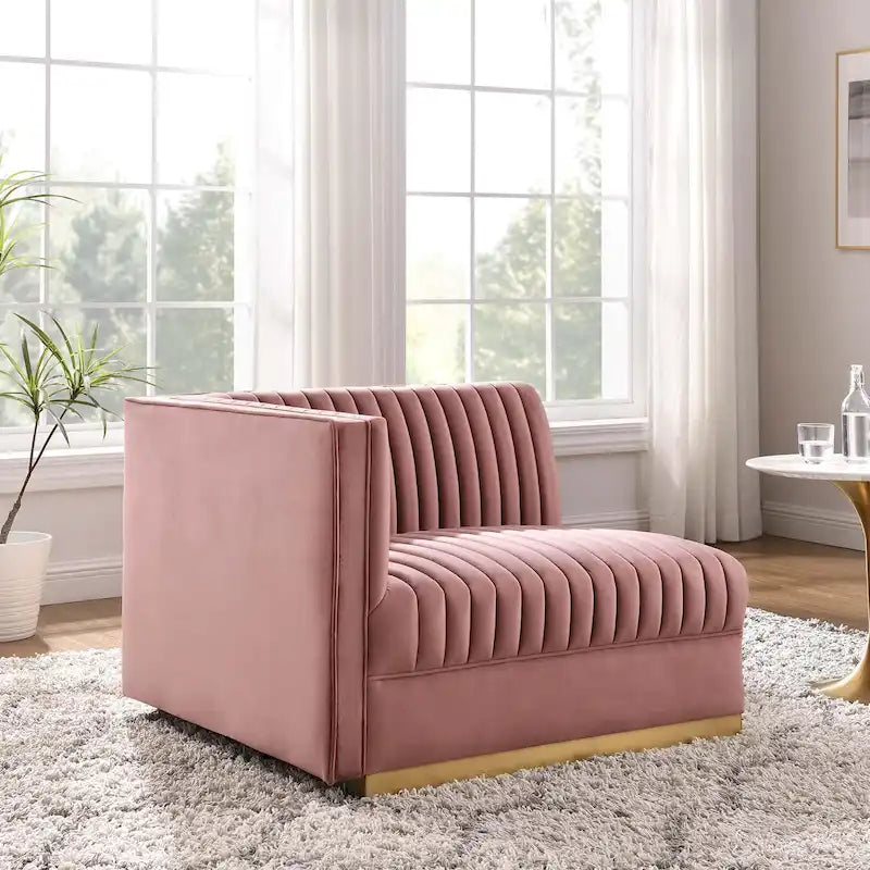 Sofa modulaire en velours performant capitonné Sanguine Channel, section fauteuil à accoudoir gauche