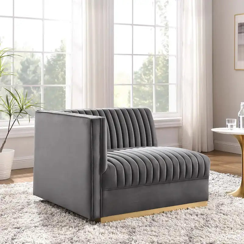 Sofa modulaire en velours performant capitonné Sanguine Channel, section fauteuil à accoudoir gauche