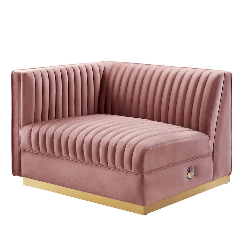 Sofa modulaire en velours performant capitonné Sanguine Channel, section fauteuil à accoudoir gauche