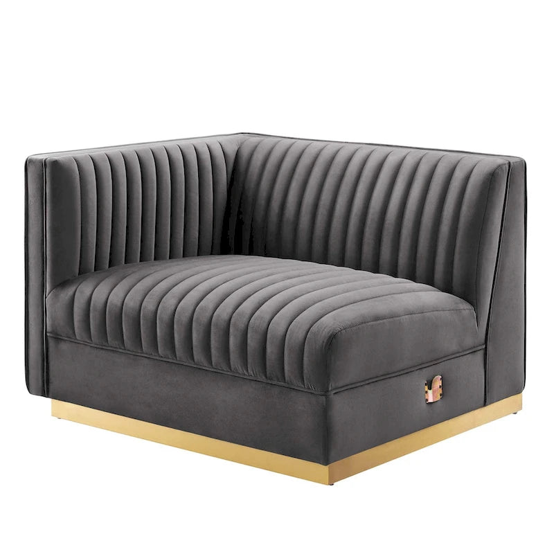 Sofa modulaire en velours performant capitonné Sanguine Channel, section fauteuil à accoudoir gauche