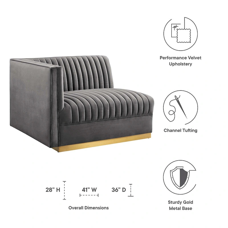 Sofa modulaire en velours performant capitonné Sanguine Channel, section fauteuil à accoudoir gauche
